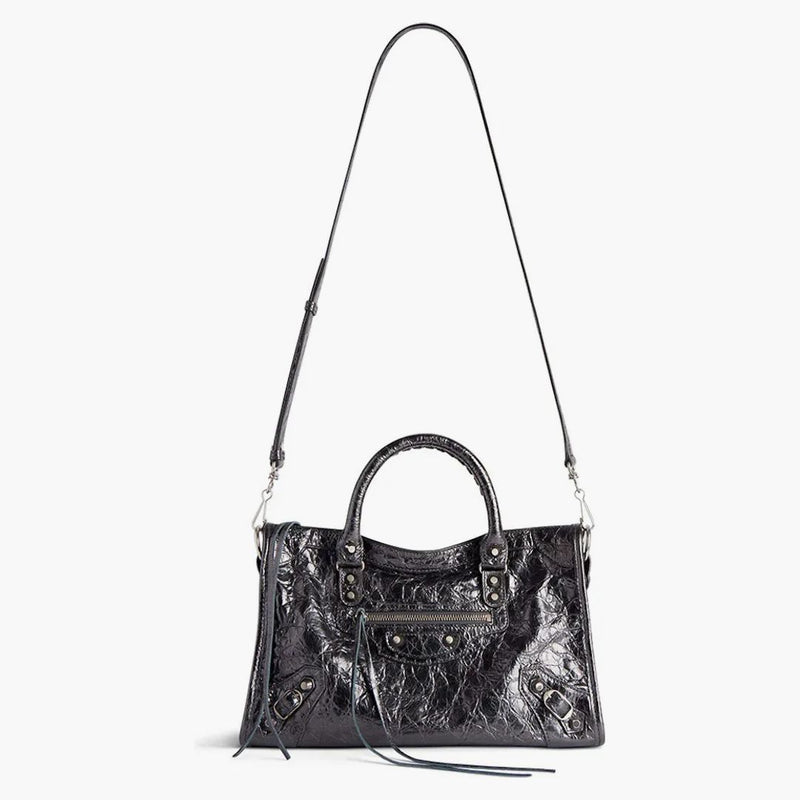 Balenciaga le stad liten påse i stålgrå metalliserad arena lambskin glänsande silver hårdvara stål grå (7977892aa9r1314)