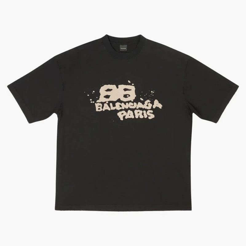 Balenciaga Men's hand Drawn BB Icon Medium Fit Vintage T-Shirt Black/Beige