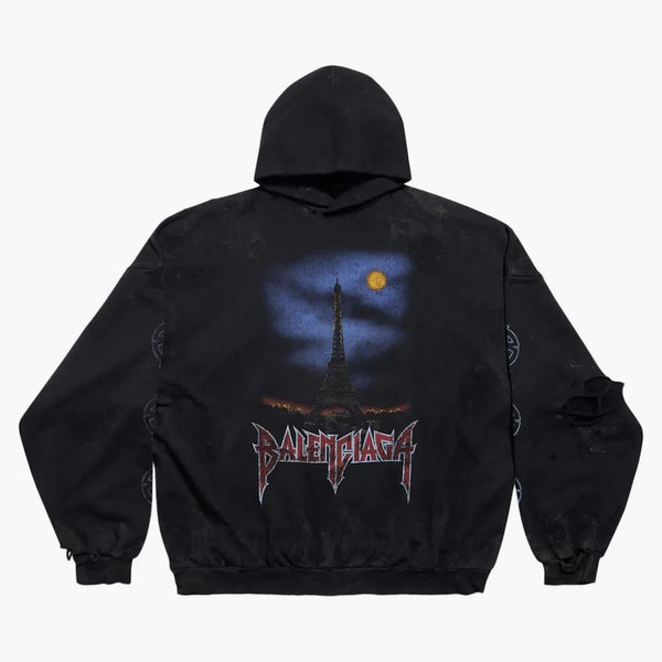 Balenciaga Paris Moon Sin sudadera de bolsillo Black Washed Black