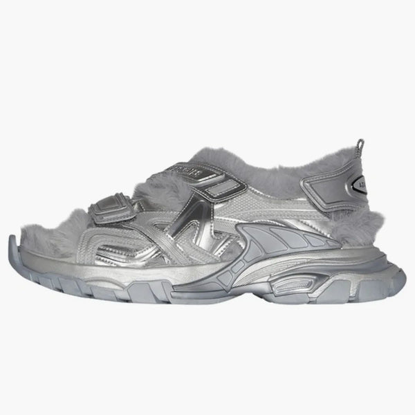 Balenciaga Track Sandals Faux Fur Grey Metallic
