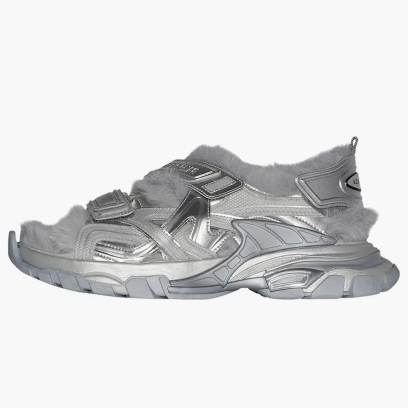 Balenciaga Track Sandals Faux Fur Grey Metallic