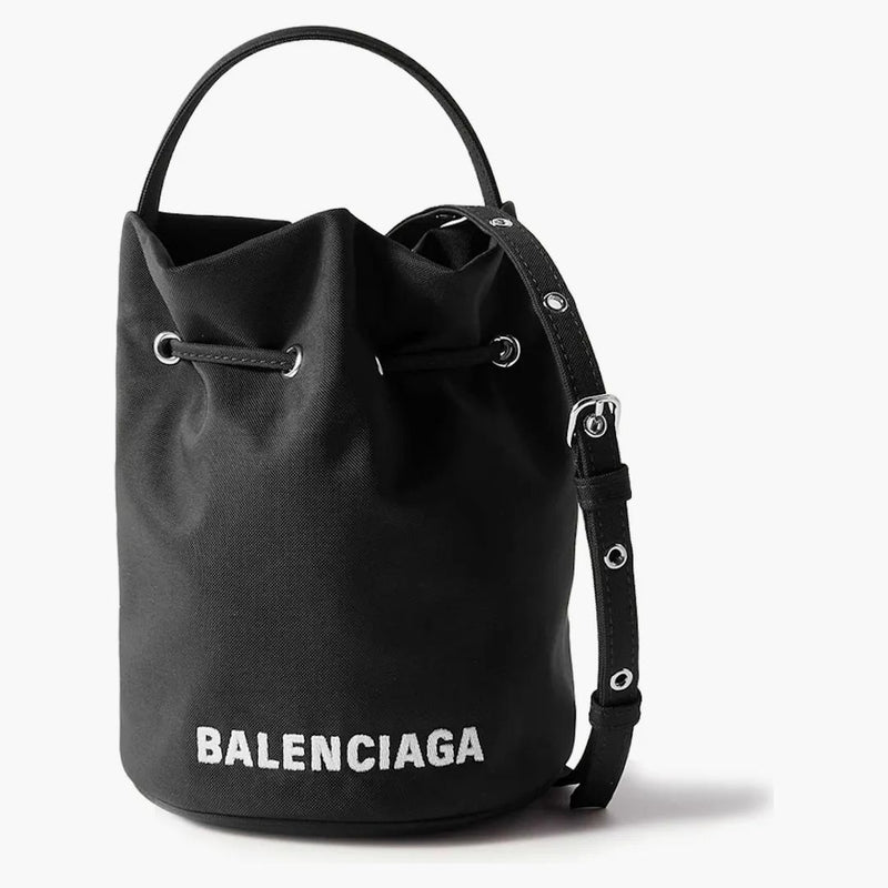 Bolso de cubo de cordón de cáscara de rueda de Balenciaga XS Negro/Blanco