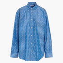 Balenciaga Womens Oversized Stripe Logo Long Sleeve Shirt Blue White