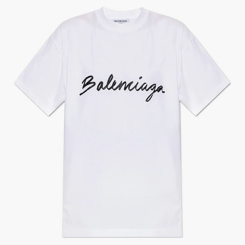 Balenciaga Women's Script Logotipo Camiseta White/Black