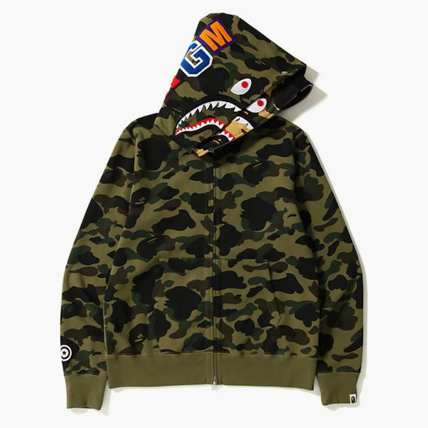 Bape 1st Camo Shark Wide Full Zip Double Hoodie Green