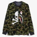 Bape Vs Mastermind Half Skull Half Shark Mmb Split Panel Camo Longsleeve Tee Green/black