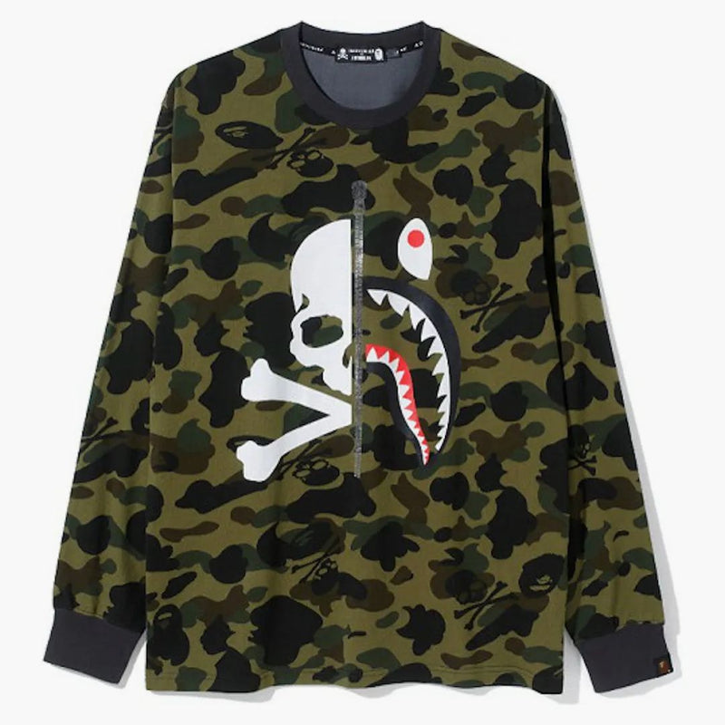 Bape VS Mastermind Half Skull Half Shark MmbB Split Panel Camo Longsleeve Tee Green/Black