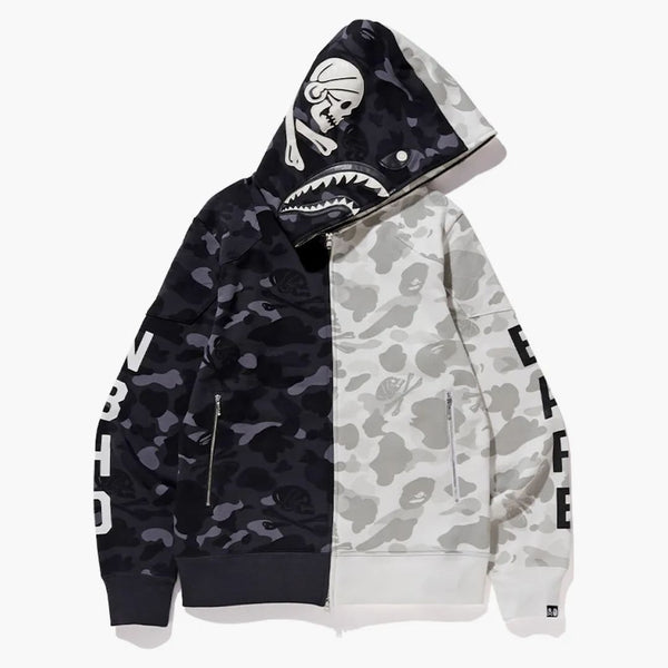 BAPE X OIDEOOOD SPLIT CAMO SHARK FULL ZIP Hoodie Black/White