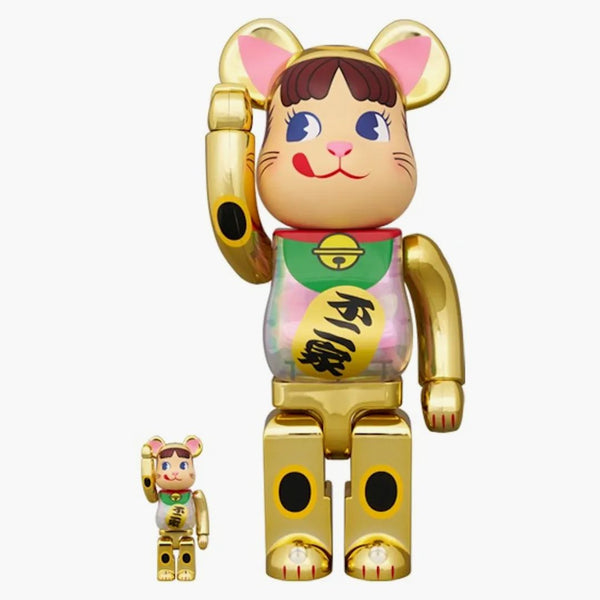 Bearbrick Maneki Neko Peko-chan Glow in The Dark Milky 100% & 400% Set Gold Plated