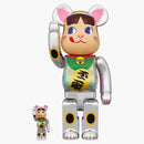 Bearbrick Maneki Neko Peko-chan Silver Plated Glow In The Dark Milky 100% & 400% Set
