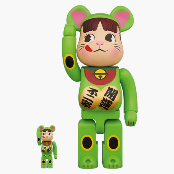 Bearbrick Maneki Neko Peko Chan 100% & 400% set fluorescenční zelená