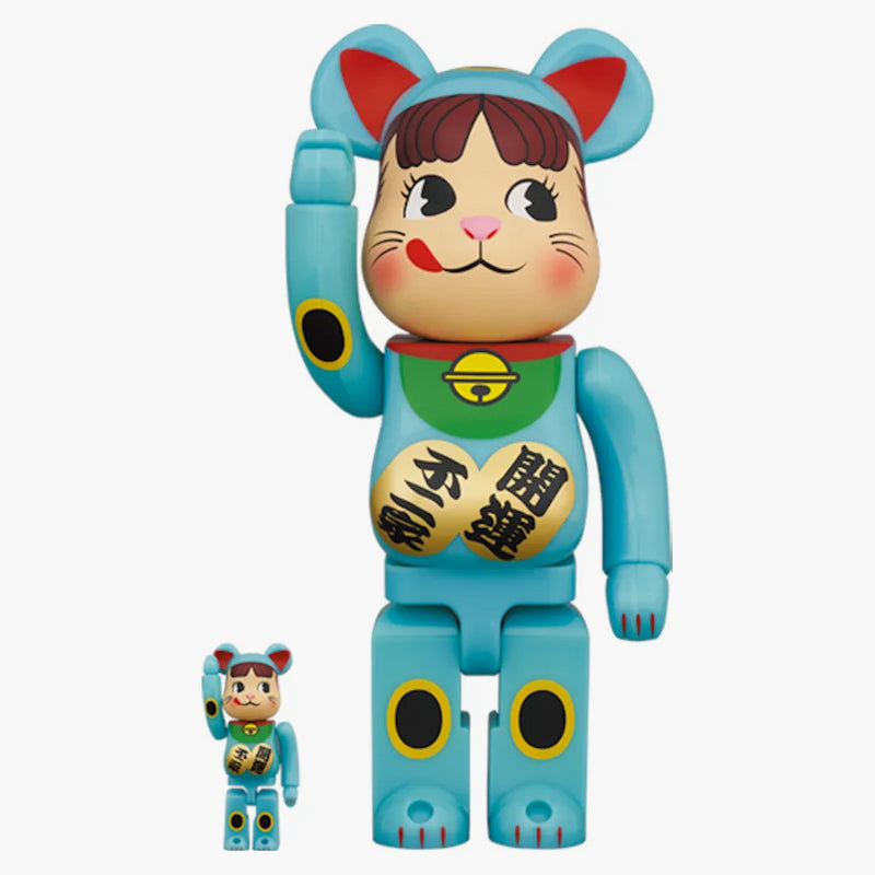 Bearbrick Maneki Neko Peko-chan Blue Liinoso 100% e 400% Set
