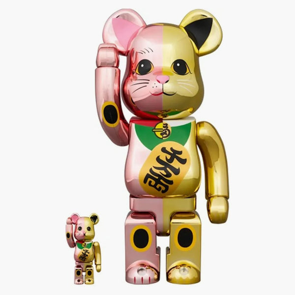 Bearbrick Maneki Neko Ten Man Ryo 100% & 400% Set Pink/Gold Plated
