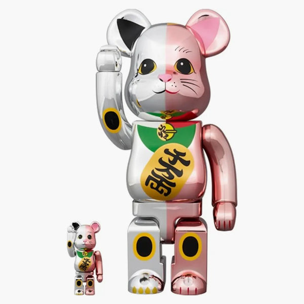 Bearbrick Maneki Neko deset Man Ryo 100% & 400% Set Silver/Pink Plated