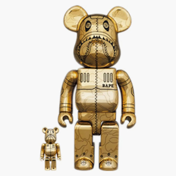 Bearbrick x Bape x Hajime Sorayama Camo Shark 100% & 400% Set Gold