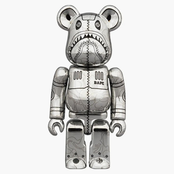 Bearbrick x Bape x Hajime Sorayama Camo Shark 100% & 400% Set Silver