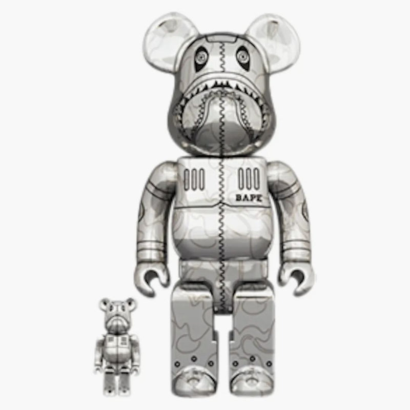 Bearbrick x Bape x Hajime Sorayama Camo Shark 100% & 400% Set Silver