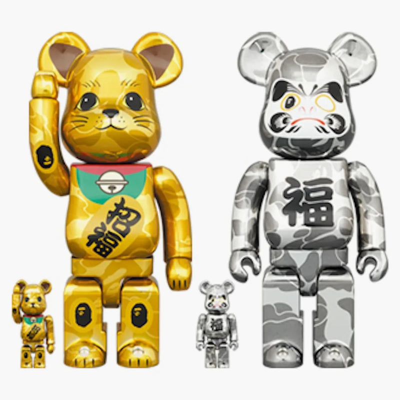 Bearbrick X Bape Maneki Neko & Danda 100% & 400% 4-pc sada Gold & Silver Plated