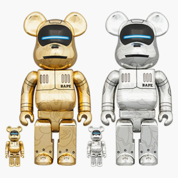 Bearbrick x Bape x Hajime Sorayama Baby Milo 100% & 400% 4x Set Gold/Silver