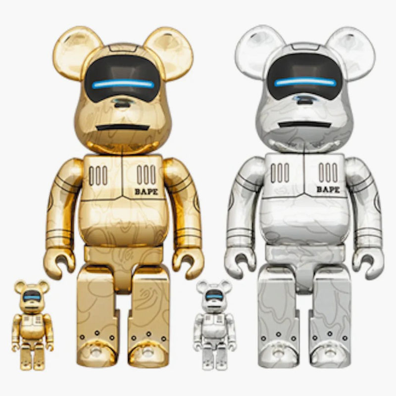 Bearbrick x Bape x Hajime Sorayama Baby Milo 100% & 400% 4x Set Gold/Silver
