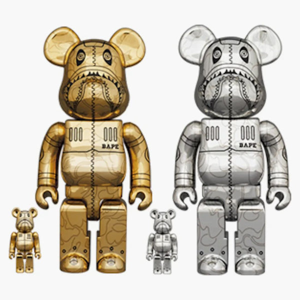 Bearbrick x Bape x Hajime Sorayama Camo Shark 100% & 400% 4-pc set Gold & Silver