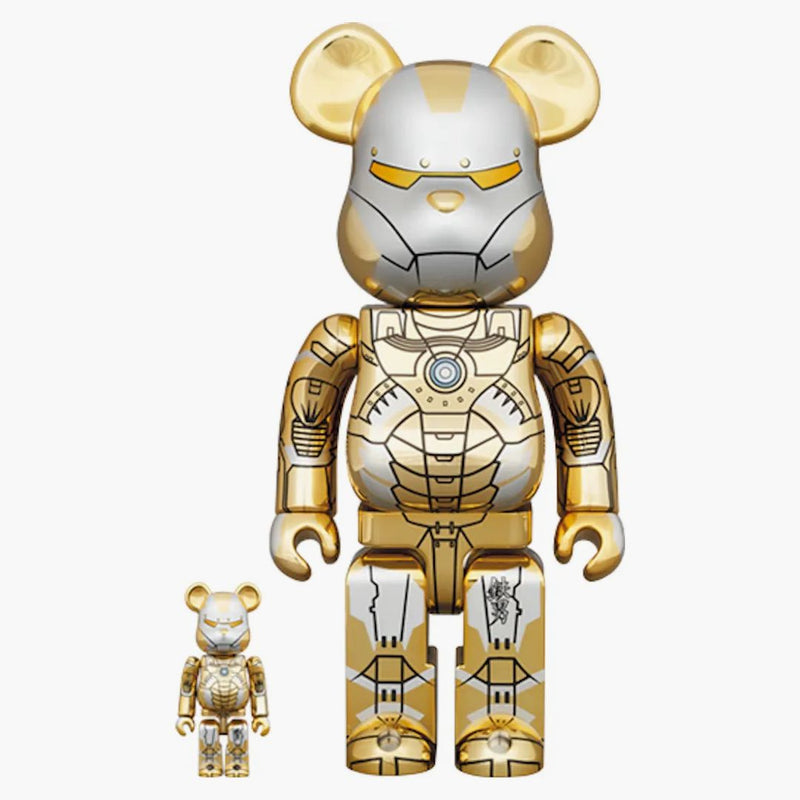 Bearbrick X Hajime Sorayama x Marvel Iron Man Reverse 100% & 400% Set Gold/Silver