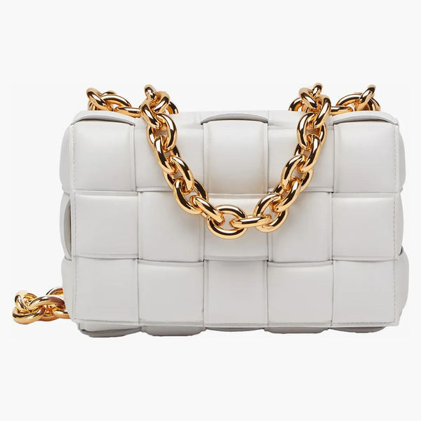 Bottega Veneta Chain Cassette Padded Intreccio Shoulder Bag Chalk