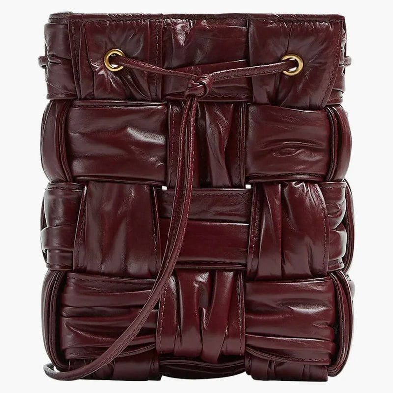 Bottega Veneta Pleats Intreccio Cassette Bucket Crossbody Bag Small Barolo