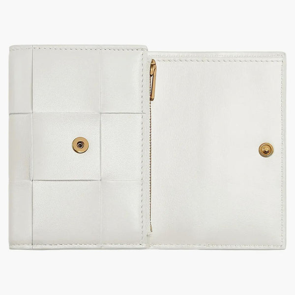 Bottega Veneta Tri-fold Zip Wallet Intreccio Chalk