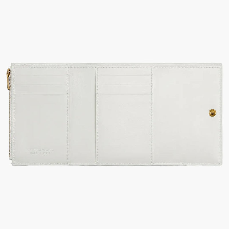 Bottega Veneta Tri-fold Zip Wallet Intreccio Chalk