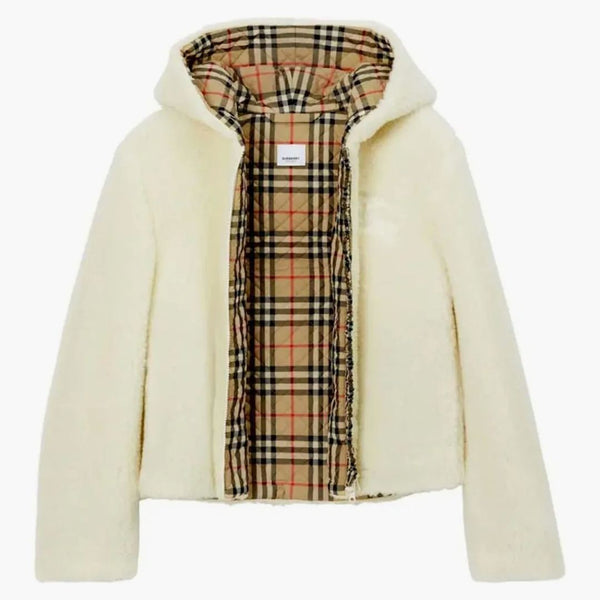 Burberry Austrel Logo-Embroidered Shearling Hooded Jacket Frosted Vanilla