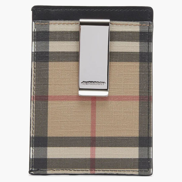 Burberry Vintage Check And Leather Money Clip Card Case 3 Slot Archive Beige