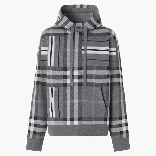 Burberry Check and Stripe Wool Blend Jacquard Hoodie Dark Grey Melange