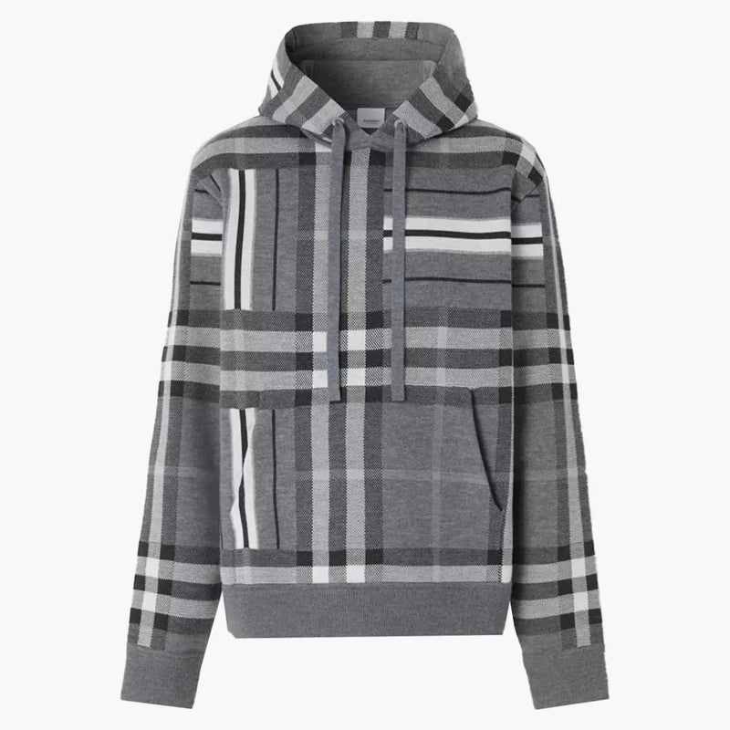 Burberry Check and Stripe Wool Blend Jacquard Hoodie Dark Grey Melange
