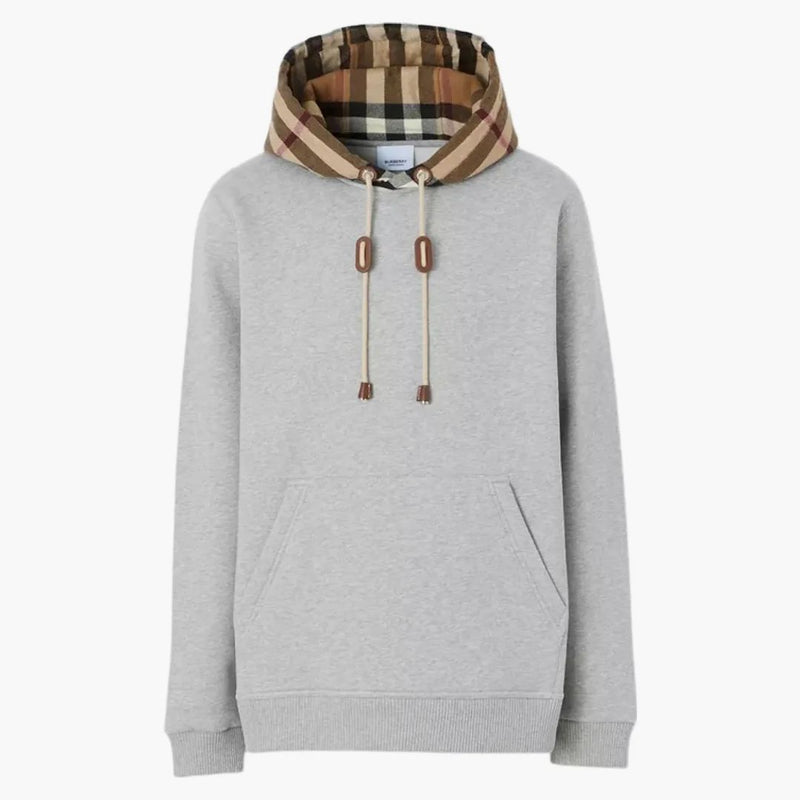 Burberry Check Hood Cotton Blend mikina s kapucí šedá/béžová