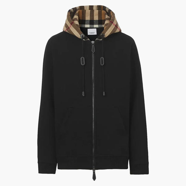 Burberry Check Hood Cotton Blend Zip přední kapuce Top Black/Archive Beige