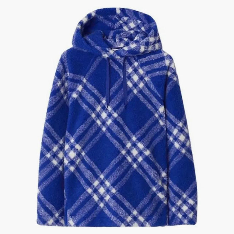 Burberry Check-Tattern Faux-Shearling Hoodie Cobalt Blue/White