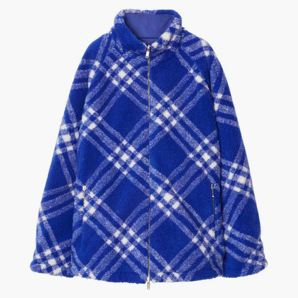 Burberry Check-Pattern Fleece Jacket Cobalt Blue/White