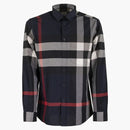 Burberry Check Stretch Cotton Poplin Shirt Navy