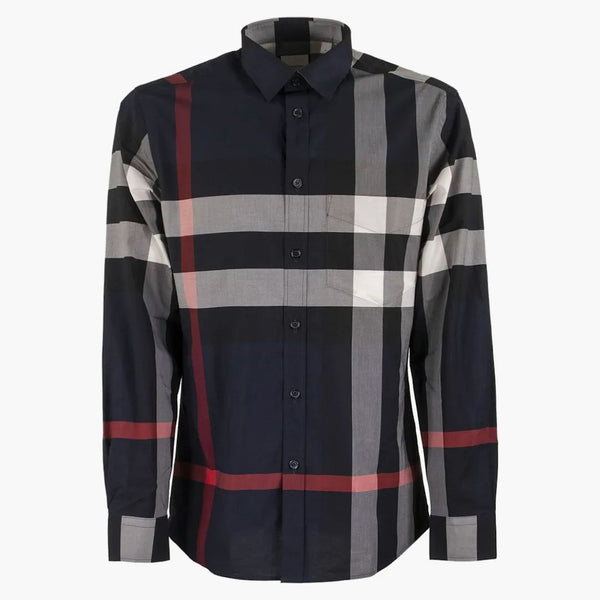 Burberry Check Stretch Cotton Poplin Shirt Navy