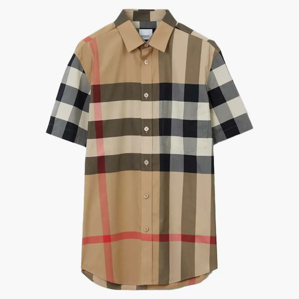 Burberry check stretch poplin kort ärm skjorta arkiv beige