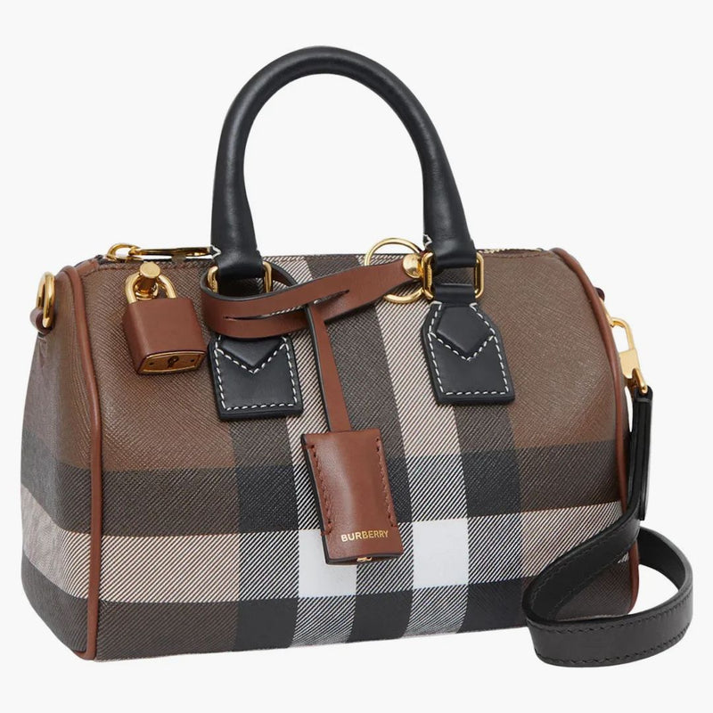 Burberry Check and Leather Bowling Bag Mini Dark Birch Brown