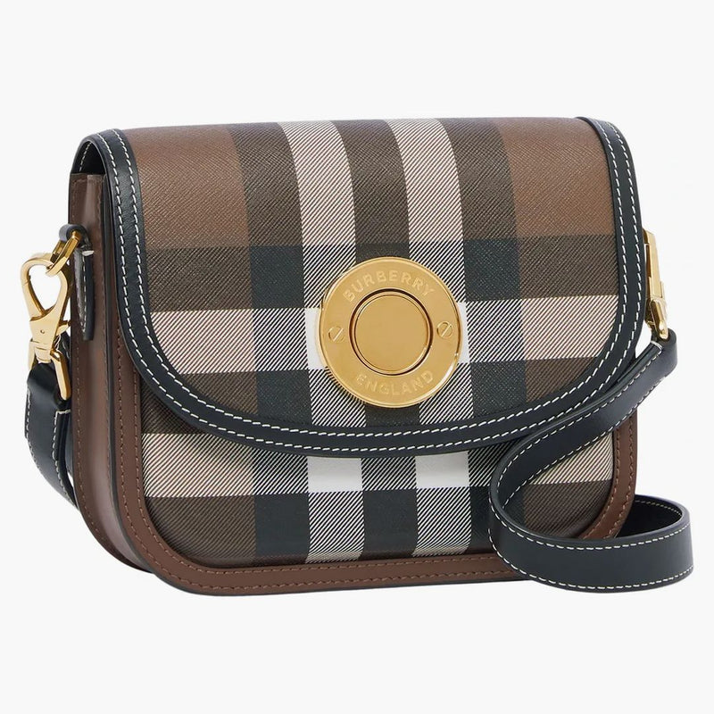 Burberry check och läder elizabeth väska liten mörk björkbrun