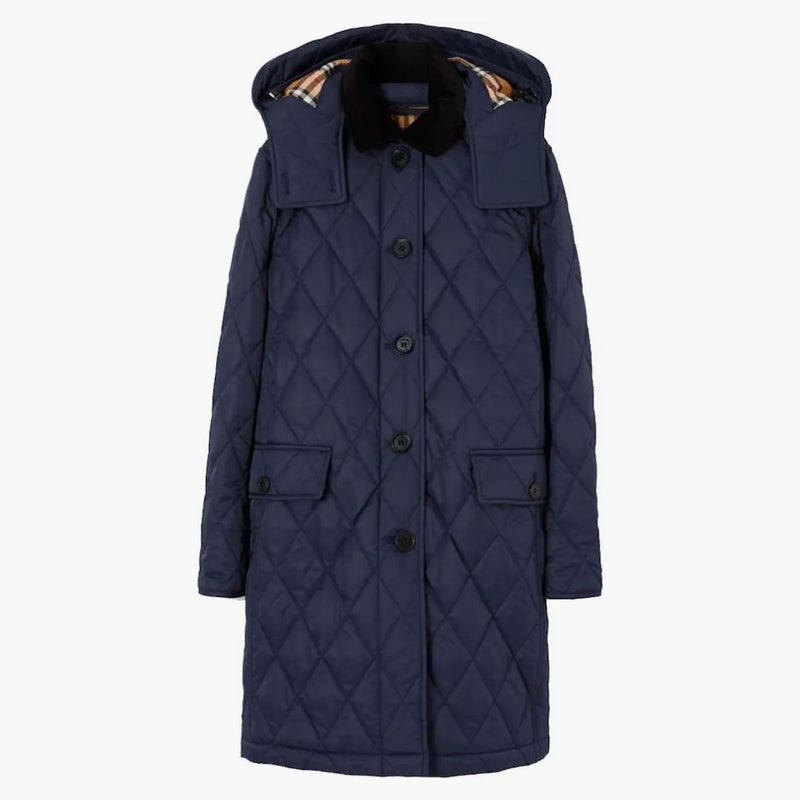 Burberry löstagbar huva diamant quiltad kappa marinblå