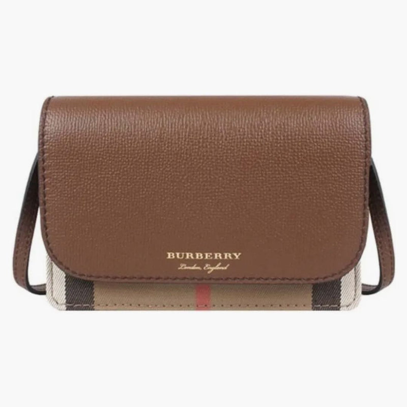 Burberry Hampshire Horse Check Canvas Derby Leather Crossbody Bag Tan