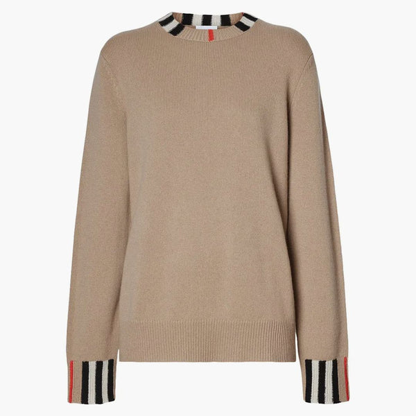 Burberry Icon Stripe Trim Cashmere Knit Sweatshirt Archive Beige