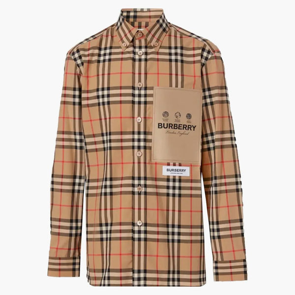 Burberry Etikett Applique Kontrollera bomullspoplinskjorta Archive Beige