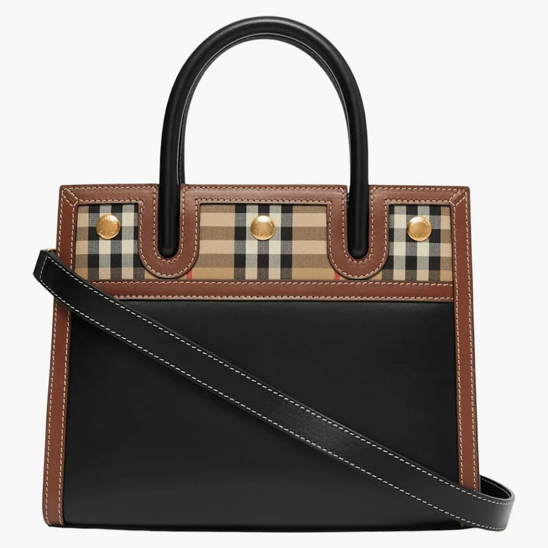 Burberry Leather and Vintage Check Two-Handtag Title Bag Mini Black/Multi