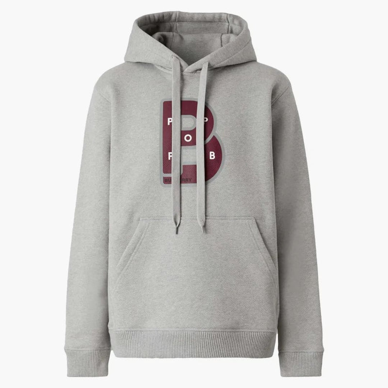 Burberry Letter Graphic Print Cotton Hoodie Pale Grey Melange