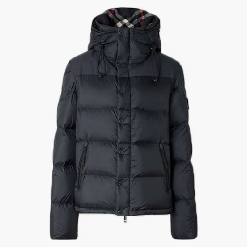 Burberry Lockwell Detachable Sleeve Check Hooded Puffer Down Jacket Navy